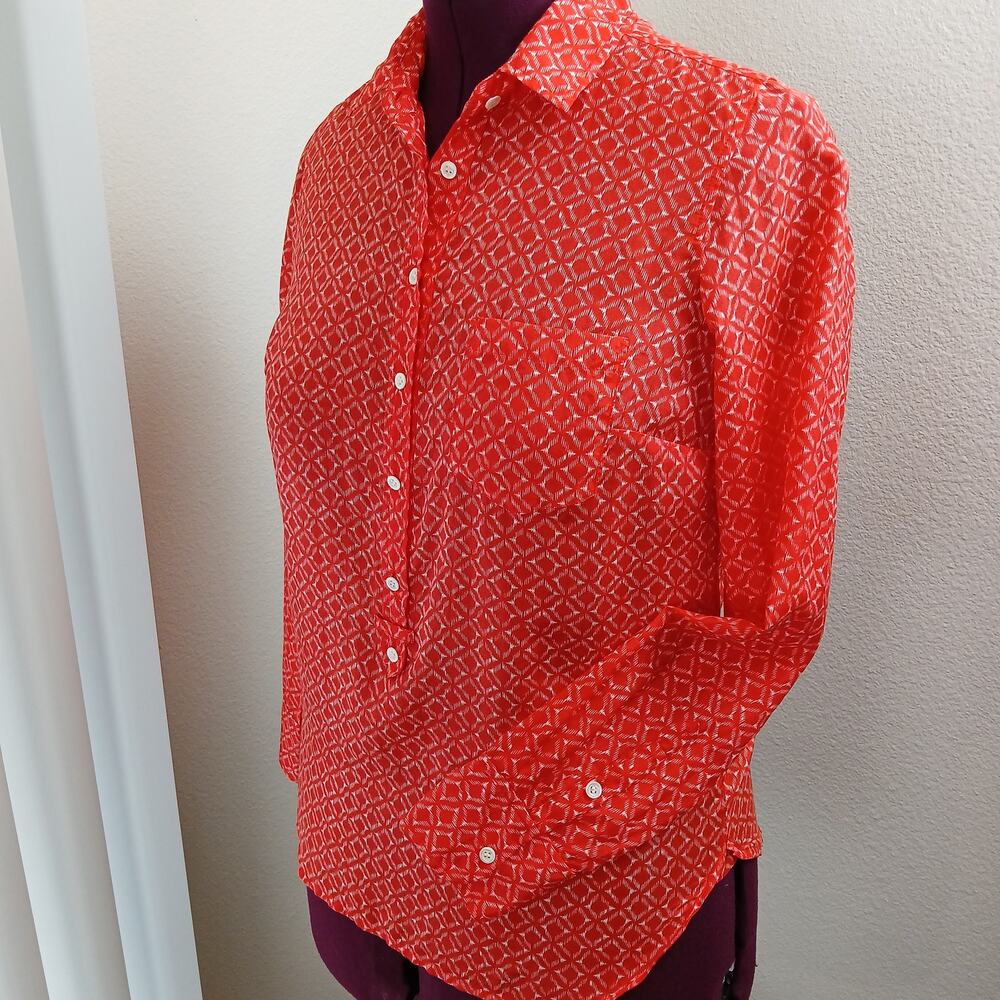 J.Crew Cerise Ikat Collared Henley Blouse XS silk & cotton semi sheer popover LS